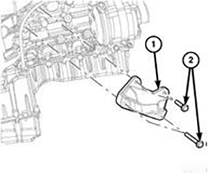 Если это необходимо, отвернуть болты крепления (2) и затем снять кронштейн (1) левой опоры двигателя