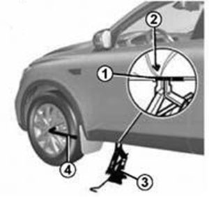 Ослабить затяжку болтов крепления колеса с помощью колесного ключа (4), установить его так, чтобы усилие, прикладываемое к рукоятке ключа, было направлено вниз Renault Arkana с 2018 года