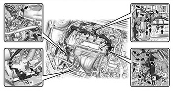 Установить жгут проводов двигателя и затянуть болты и гайки крепления Toyota Camry c 2017 года